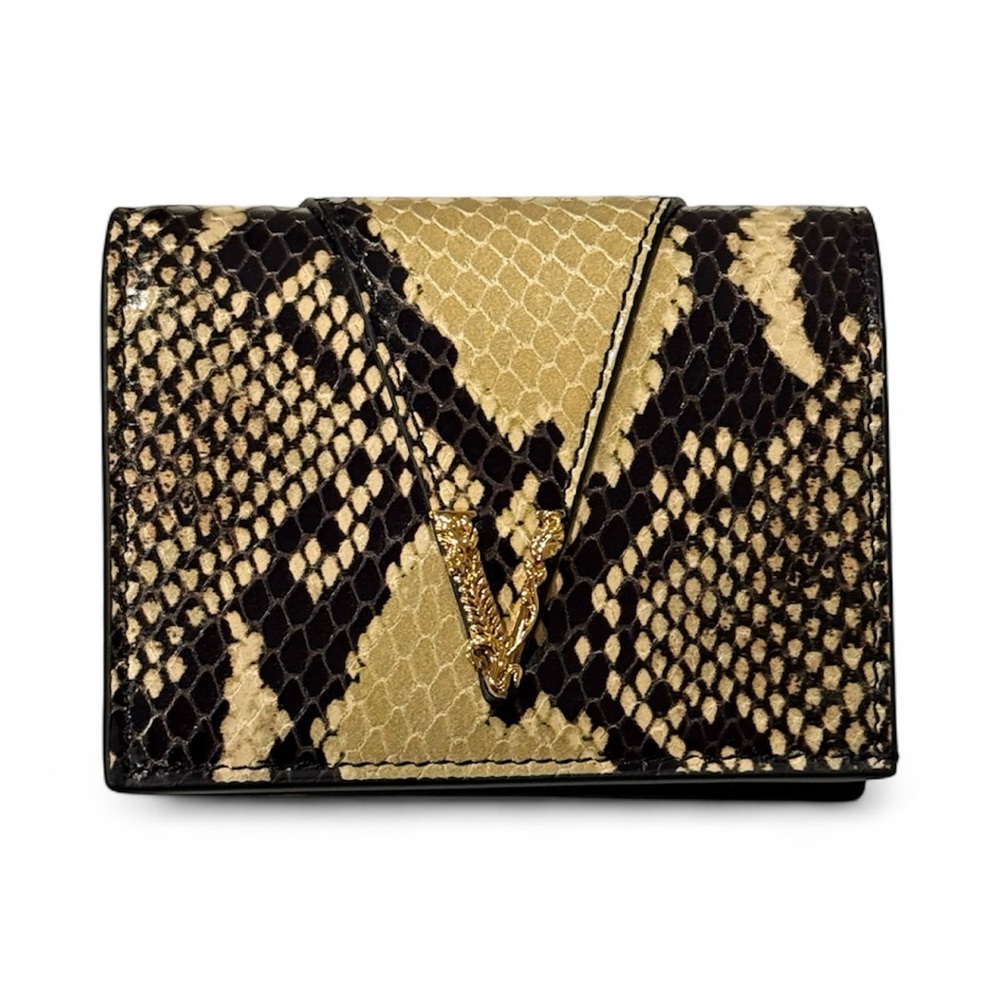 VERSACE Virtus Small Leather Python Print Wallet with Gold V NEW